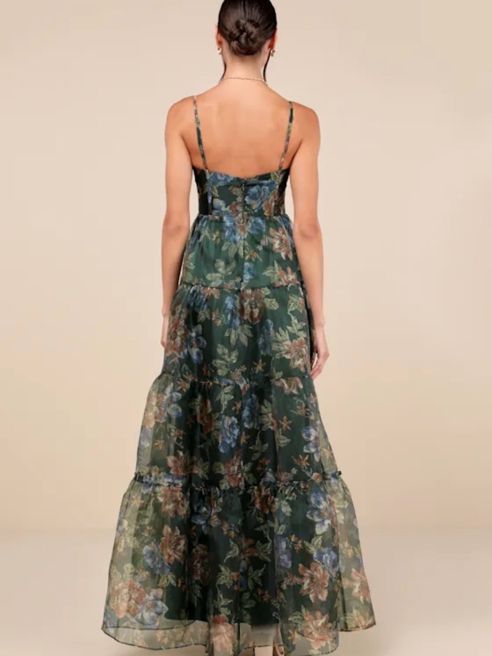 Lulus Exclusive Glamour Green Floral Organza Tiered Maxi Dress 2X - Picture 2 of 14